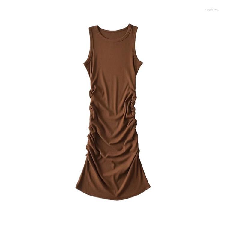 

Casual Dresses Nicely Designed Pleated Elastic Slim Fitting Spicy Girl Sexy Buttocks Covered Short Skirt With Round Neck Sleeveless Vest, Coffee