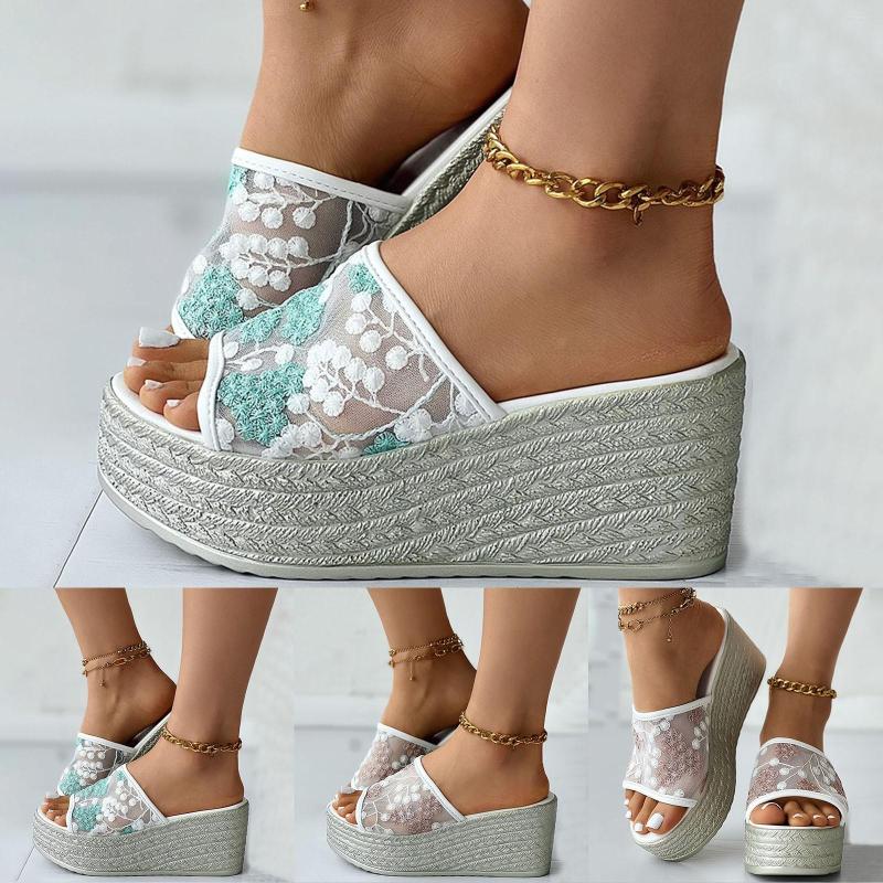

Slippers Handmade Retro Thick Bottom Women Sandals Slope Heels Casual Mesh Breathable High Sandal Wedges For, Green