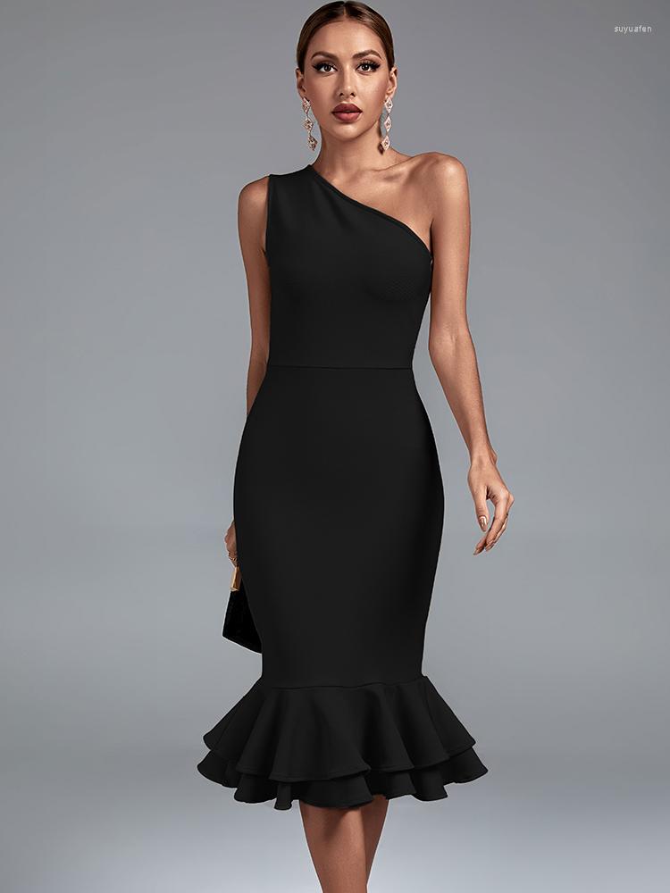 

Casual Dresses Mermaid Bandage Dress Women Black Bodycon Evening Party Elegant Sexy One Shoulder Midi Birthday Club Outfits 2023 Summer