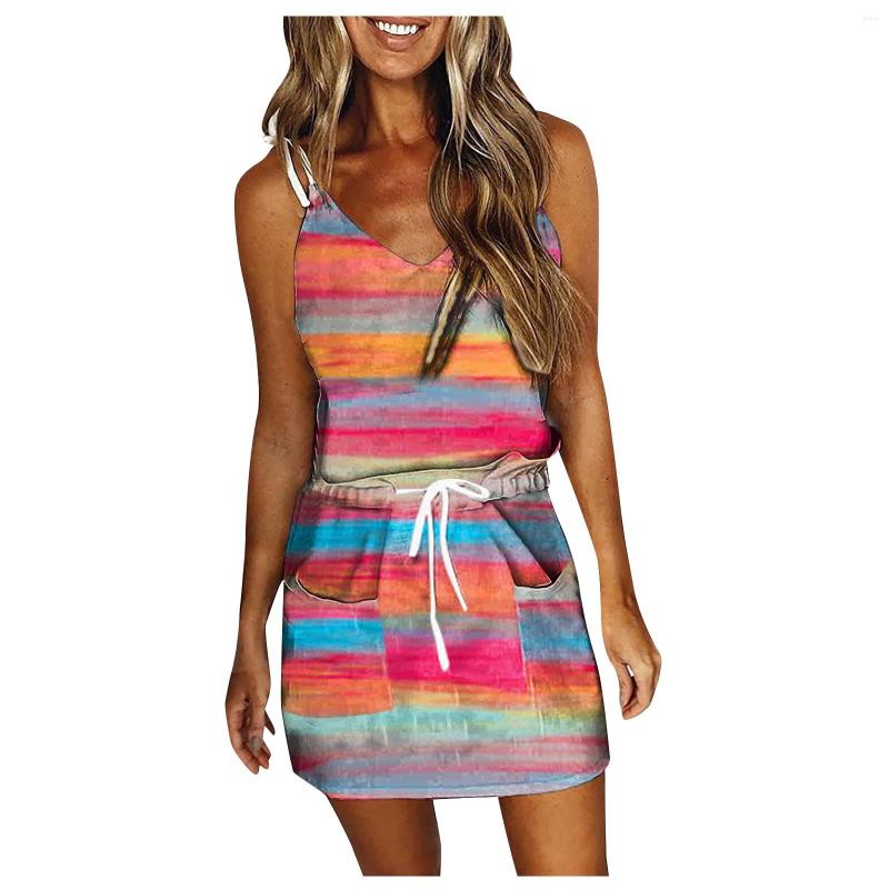 

Casual Dresses Trendy Striped Sleeveless 2023 Women' Summer Dress Outfits Halter Strap Mini Sundress Boho Flowy With Pockets