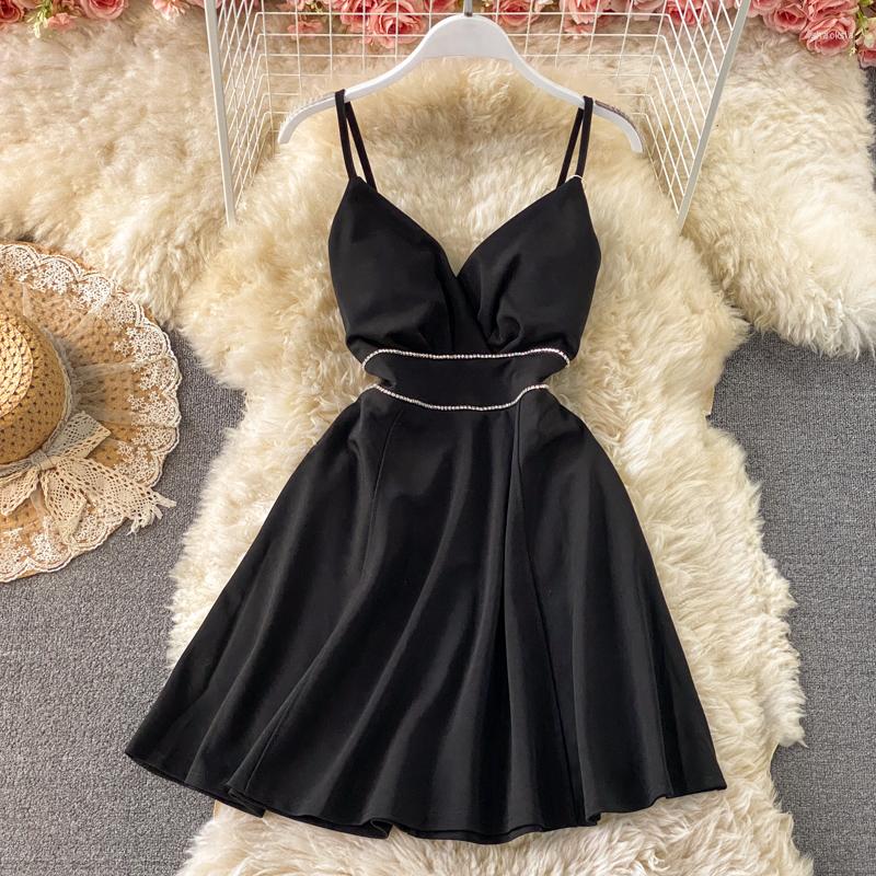 

Casual Dresses Summer Women' Dress Deep V-Neck Sexy Solid Color A-Line Mini Spaghetti Strap Sleeveless Backless Party Club Slip, Black