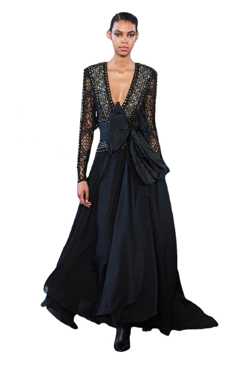 

Elie Saab Evening Dresses Crystal Deep V Neck A Line Lace Appliques Long Sleeve Prom Dress Arabic Vestidos De Novia Sparkly Gowns, Black