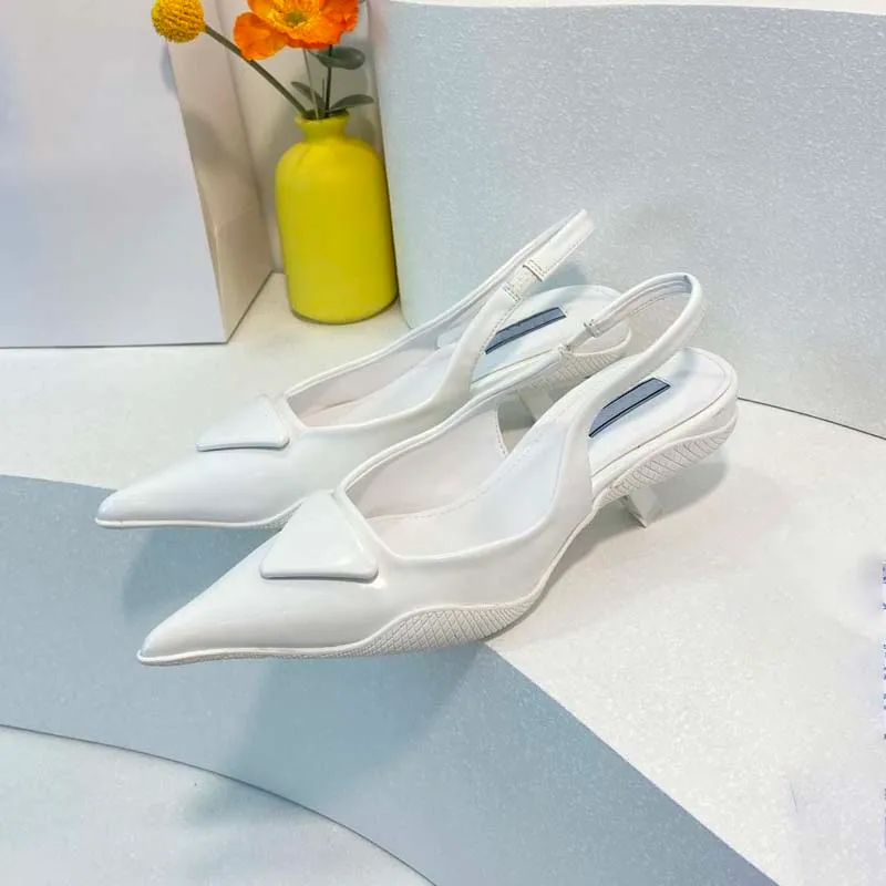 

Sandals Triangle LOGO Sexy Gauze Rhinestone Decorative Calico Ladies Dress Shoes Luxury Designer Smooth Leather Heel low heel elegant, P010