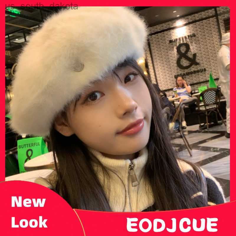 

Japanese Simple Metal Label Rabbit Hair Blended Beret Women Fashion Warm Painter Hat Outdoor Street Photography Pumpkin Cap L230523, Black