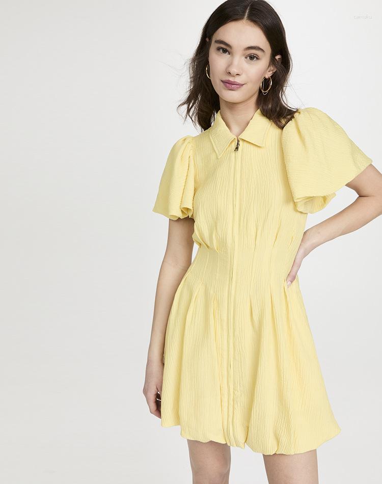 

Party Dresses Pleated Waist Tucked Bubble Sleeve Striped Zipper Dress, Yellow