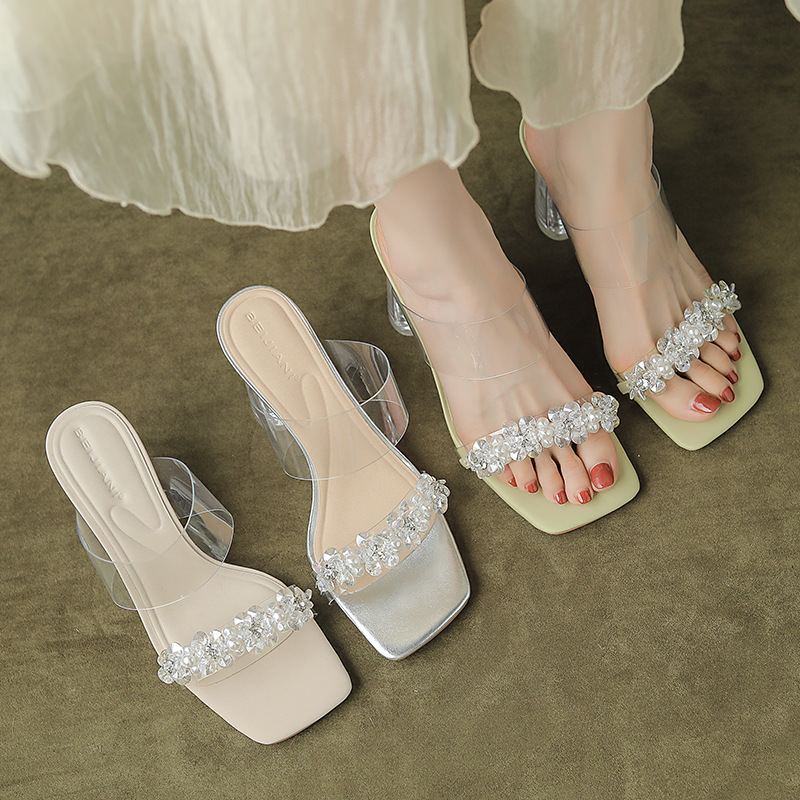 

Flower Beadeding Transparent Sandals Women's High Heel Slippers Summer Crystal Heels, Lightgreen