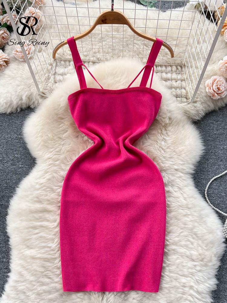 

Casual Dresses SINGREINY 2023 Women Knitted Dress Summer Strap Elastic Waist Backless Sundress Ladies Streetwear Sexy Sweater Midi, Orange