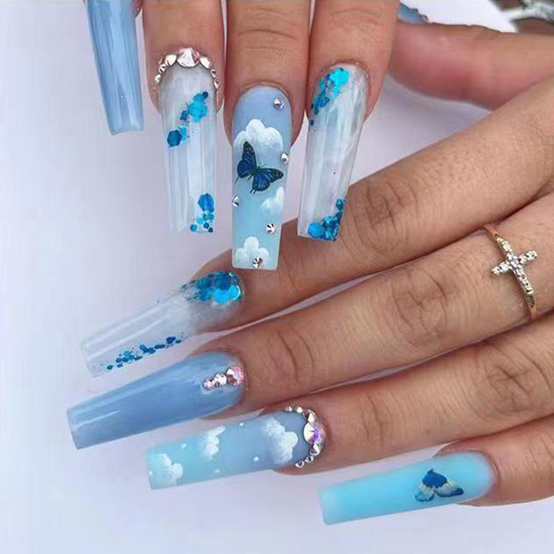 

Blue Ice Transparent Butterfly Press On Nails Shining Diamond Long Wearable Fake Fingernails Full Cover False Nails