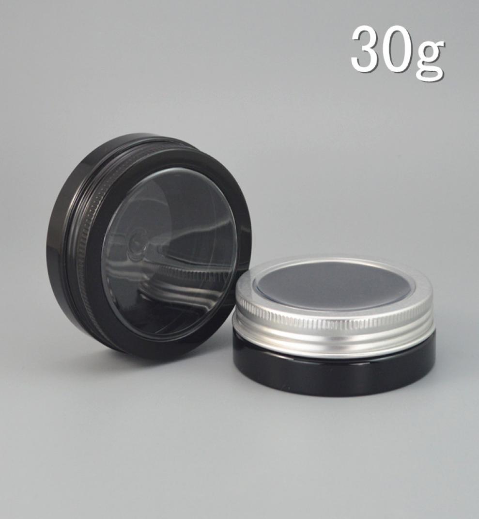 

60pcslot 30g Black Plastic Cosmetic Bottle Window Aluminum Cap Refillable Lip Container PET Hair Wax Jar 30ml 2017 Style AB472362355