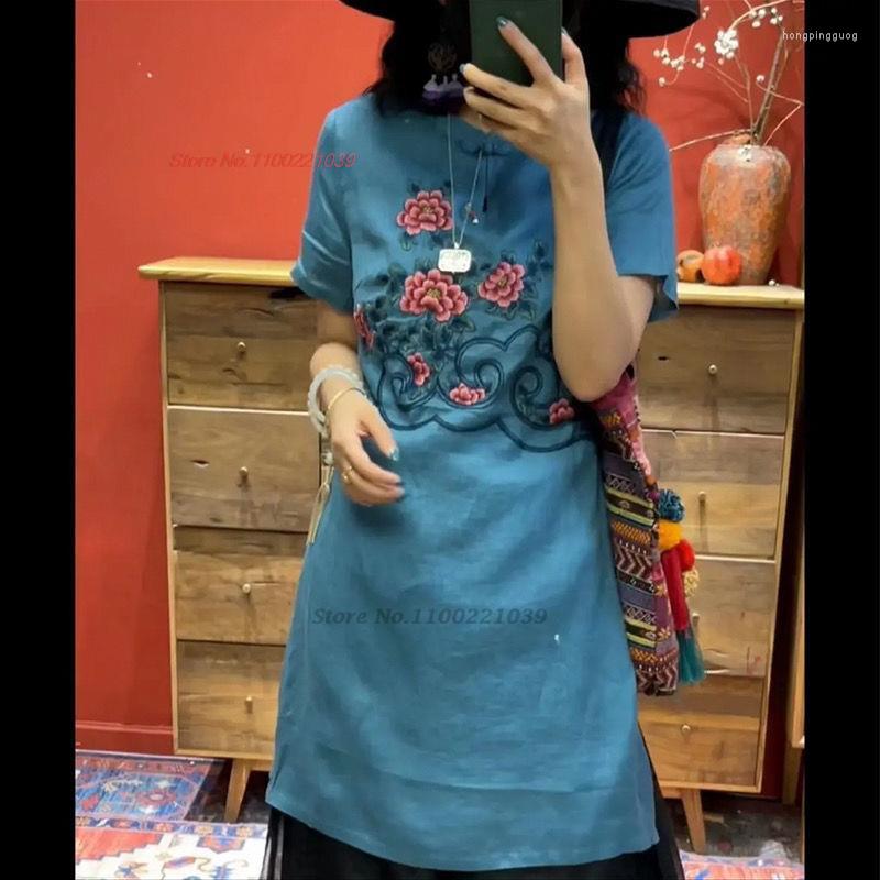 

Ethnic Clothing 2023 Chinese Dress Vintage Qipao Women Chongsam Traditional Cotton Linen Flower Embroidery Oriental
