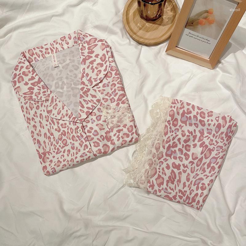 

Women's Sleepwear Pajamas Women's Summer Thin Leopard Print Short-sleeved Trousers Fashion Sexy Lace Stitching Home Wear Suit, Beige