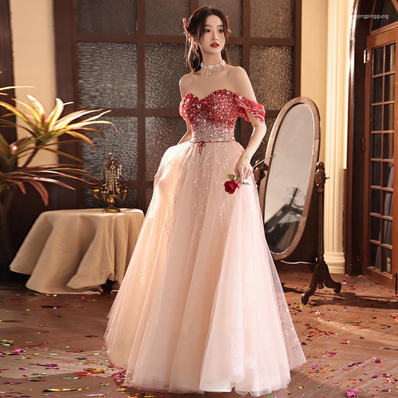 

Ethnic Clothing Gradient Sequins Applique Back Bandage Off The Shoulder Chiffon Evening Dresses Women Formal Bride Party Gown Vestidos