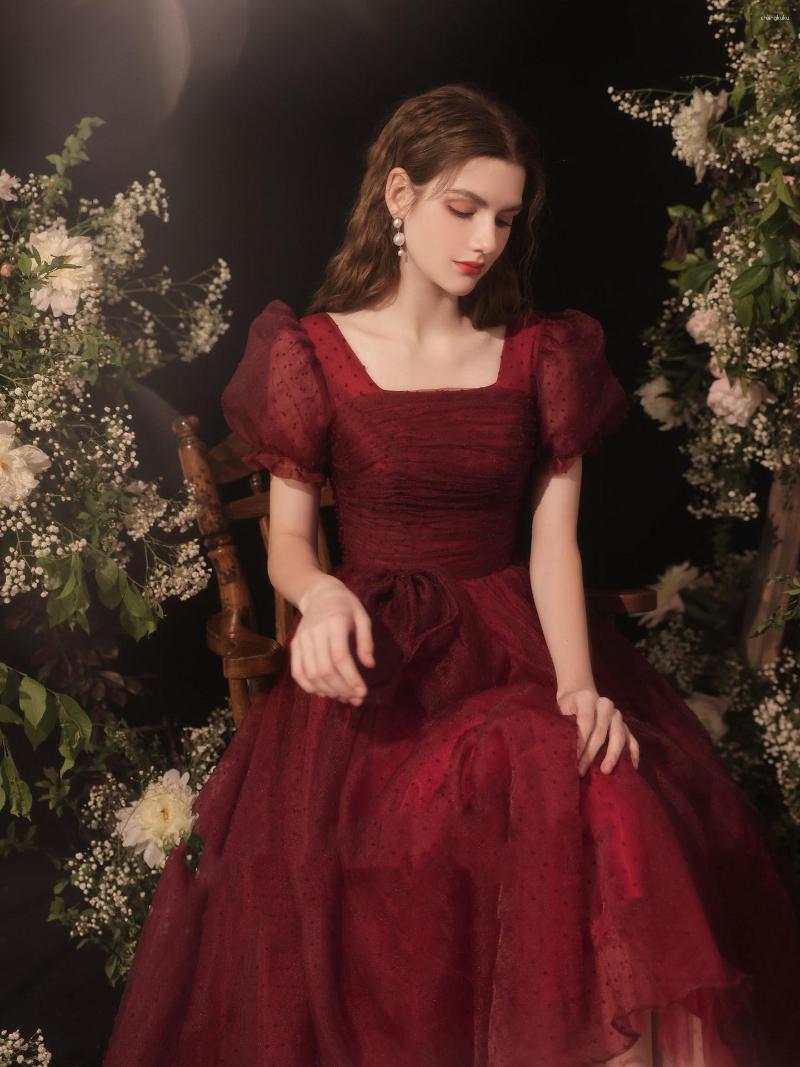 

Ethnic Clothing 2023 Elegant Prom Puff Sleeves Wedding Dress Women Fairy Burgundy Tulle Party Gowns Toast