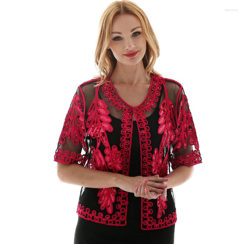 

Women's Blouses Retro Women Lace Sequins Stitching Embroidery Floral Cardigan Half Flare Sleeve V Neck Sheer Caple Coat Over Size, Rose red jacket