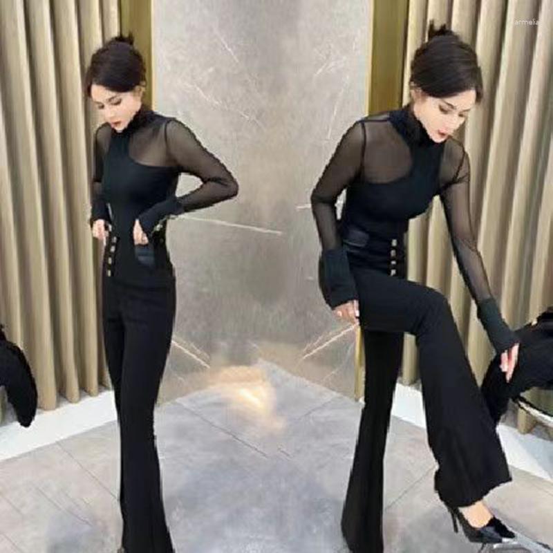 

Women's Two Piece Pants Sexy Suit Design Sense Small Crowd Hollowed-Out Mesh Patchwork Top High Waist Slim Flared Two-Piece Set, Black