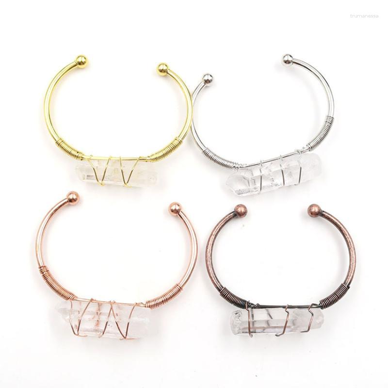 

Bangle Wire Wrap Raw Mineral Crystal Stone Bangles Natural Clear Quartz Bracelets Open Cuff Copper Female JewelryBangle Raym22
