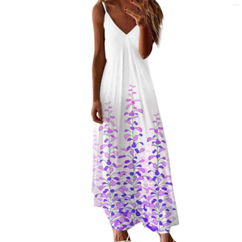 

Casual Dresses Fashion Vintage Dress Women Summer Floral Print Sexy Sleeveless Sundress Loose Beach Knee Length Robe Wu, Purple