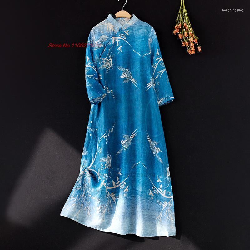 

Ethnic Clothing 2023 Chinese Vintage Cheongsam Dress Traditional Cotton Linen Qipao National Flower Print Retro Folk