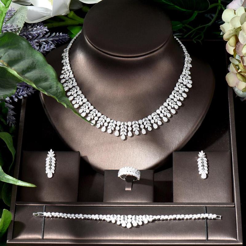 

Necklace Earrings Set Fashion Simple Design Leaf Shape Full Cubic Zirconia Earring Bracelet Ring Sets For Women Bridal Wedding Jewelry, Picture shown