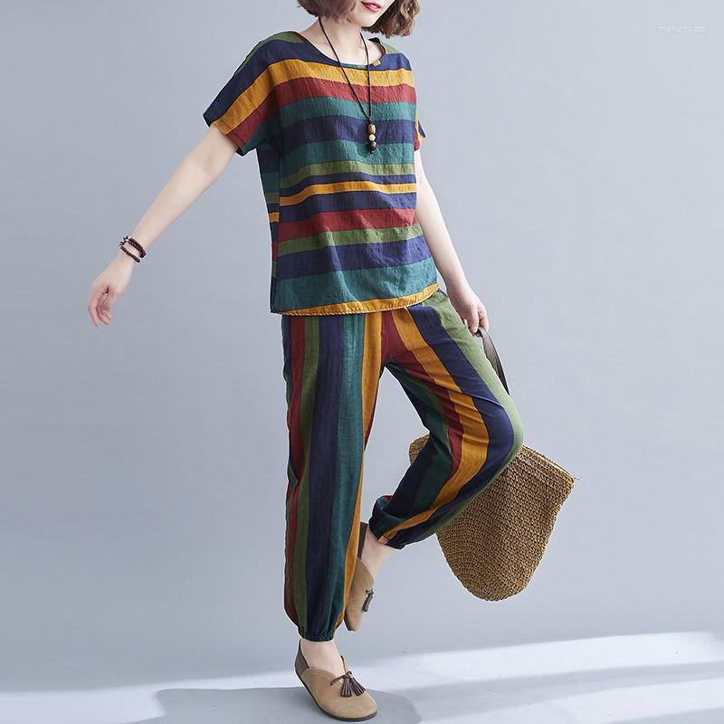 

Women's Two Piece Pants 2 Sets Womens Cotton And Linen Outfits Stripe Short Sleeve O-neck Tops Harem 2023 Summer Casual Set Y169