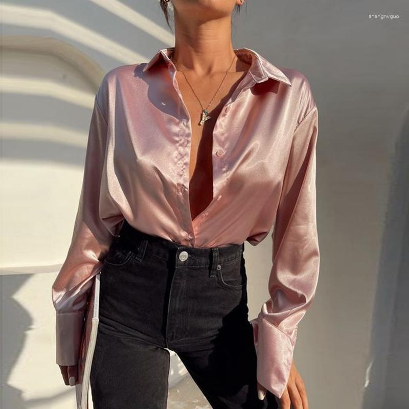 

Women' Blouses Fashion Women Tops Autumn Office Lady Long Sleeve Shirt Vintage Satin Blouse Turn Down Collar Loose Clothes Blusas 22717, Fuchsia