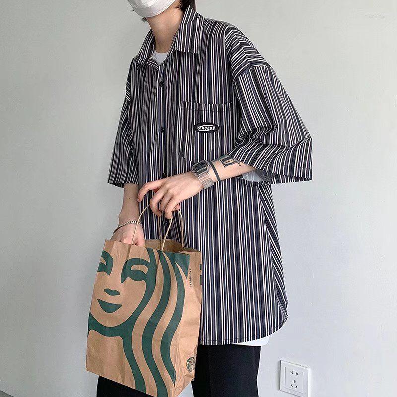 

Men's Casual Shirts Summer Loose Turn-down Collar Shirt Man Striped Single Breasted Pocket High Street Out Streetwear Male Temperament Tops, Black