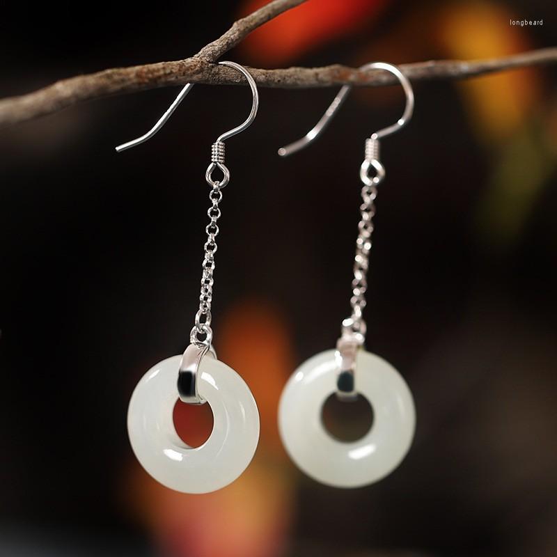 

Stud Earrings ES044 ZFSILVER S925 Silver Korean Fashion Trendy Luxury Hetian Jade Drops Round Circle Jewelry For Women Match-all Girl