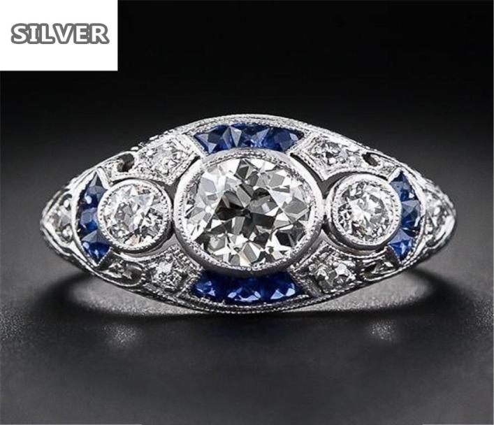 

925 anillos Silver Retro Court Full Cubic Zirconia Ring For Women Ladies Elegant Blue Crystal Rings Banquet Sapphire Jewelry5204026