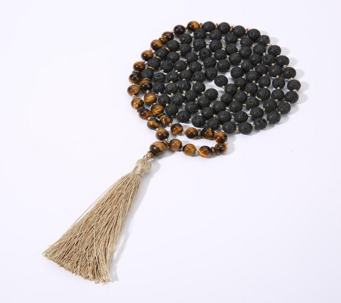 

8mm Black Lava Stone Yellow Tiger Eye 108 Mala Beaded Knotted Necklace Meditation Blessing Yoga Japamala Jewelry Men And Women P3346663