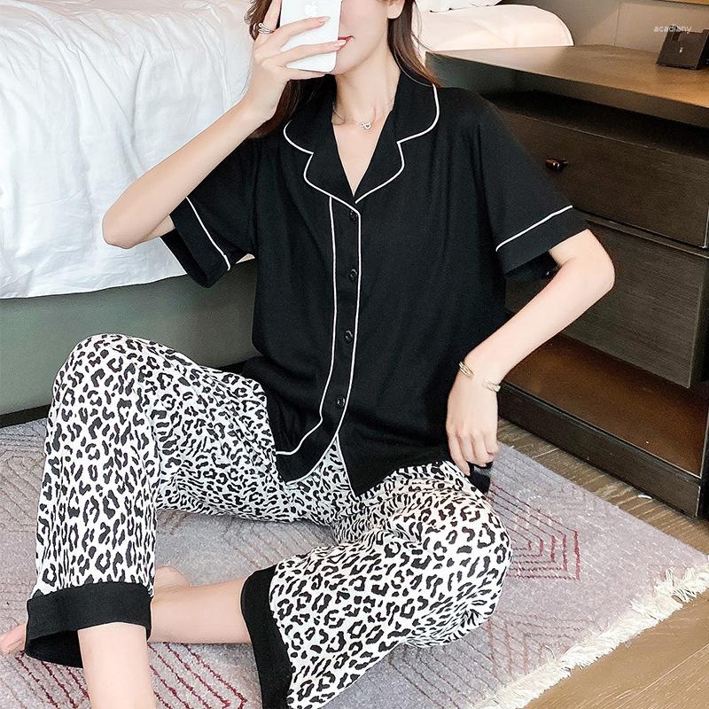 

Women's Sleepwear Cotton Lady Pajamas Suit Sexy 2PCS Leopard Nightwear Pink Pijamas Sets Shirt&Pants Home Clothes Button Night Gown, Black