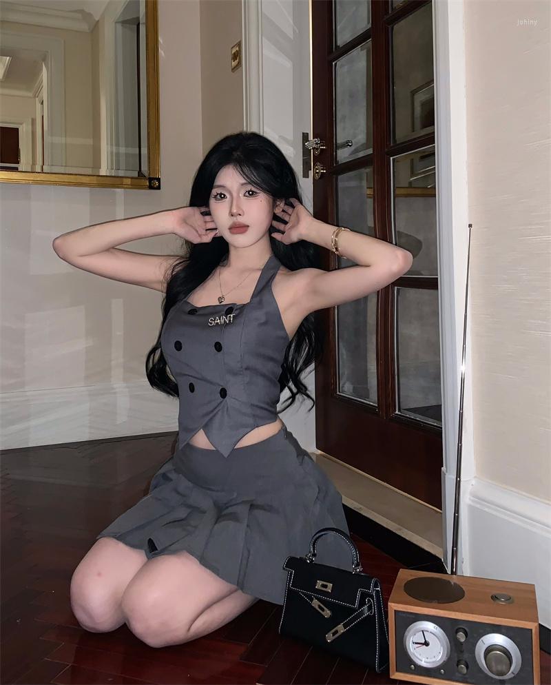 

Work Dresses College Style JK Uniform Suit Women' Halter Neck Tank Top Vest Summer Grey Pleated Mini Skirt Two-piece Set Female Clothes, 2pc set