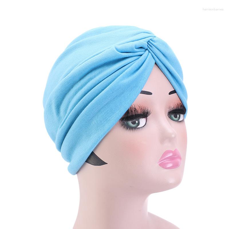 

Berets Muslim India Hat For Women Cross Ruffle Turban Girls Hijab Headwrap Cotton Headwear Beanie Cap Female Hair Loss Accessories, Blue