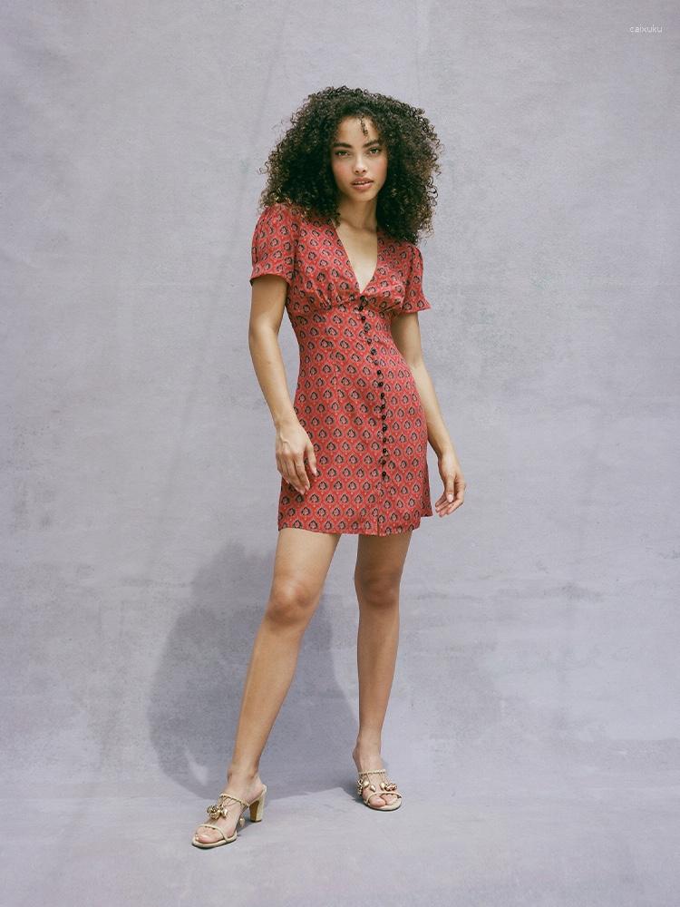 

Party Dresses Women Geometry Printed Deep V-Neck Silk Short Sleeve Mini Dress