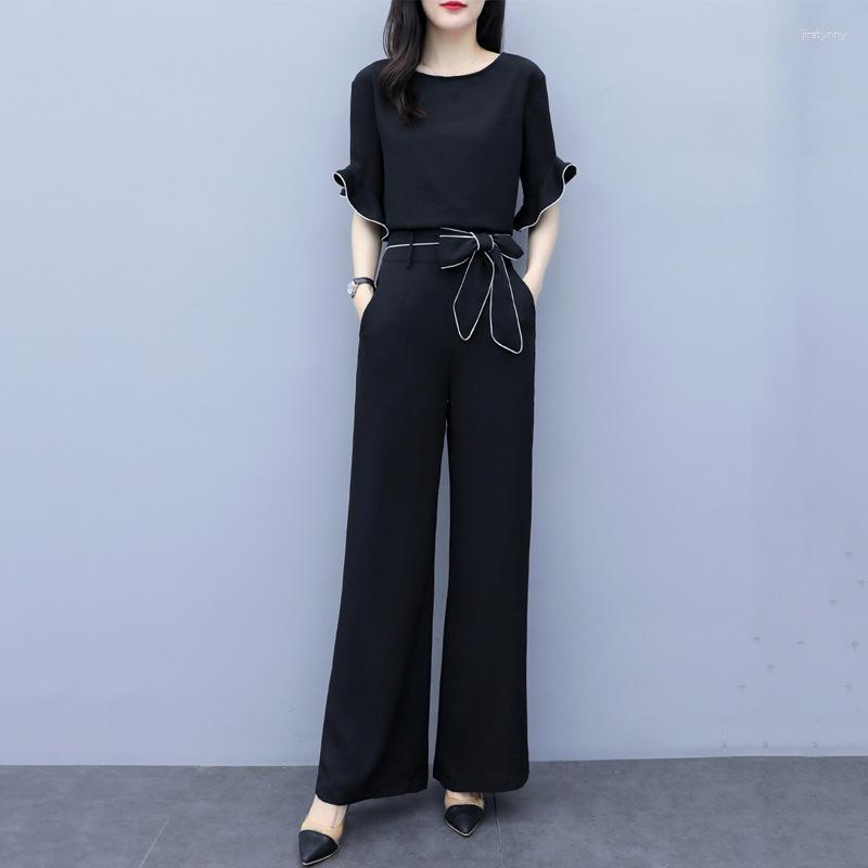 

Women' Two Piece Pants Summer Suit Women Fashion Commuter Black Chiffon Round Neck Short-sleeved T-shirt Loose Straight Long Matching Sets