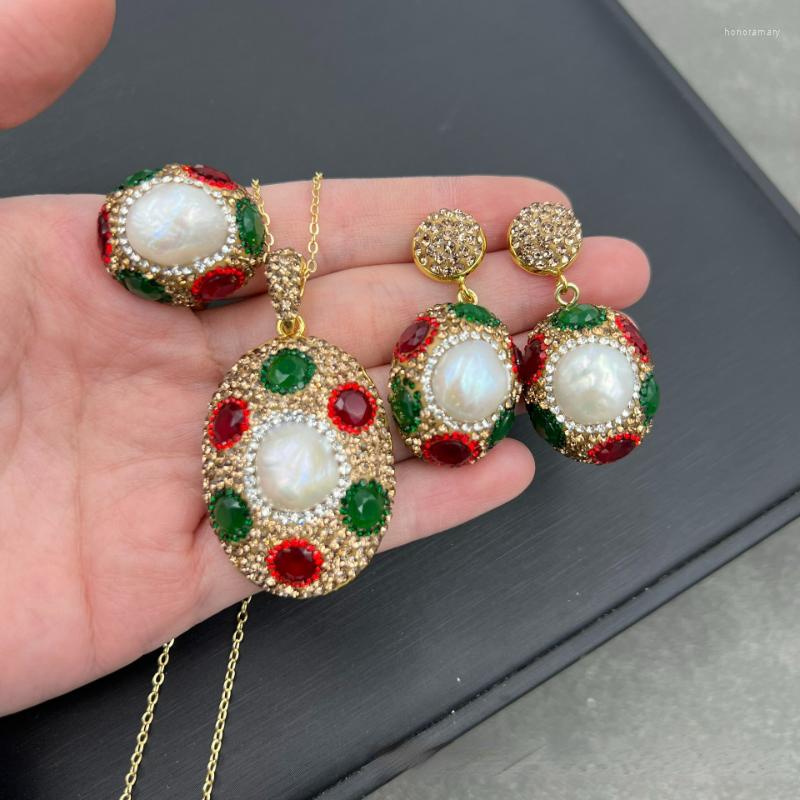

Necklace Earrings Set Natural Baroque Freshwater Pearl High-end Fashion Green Czech Rhinestone Jewelry For Women, Picture shown