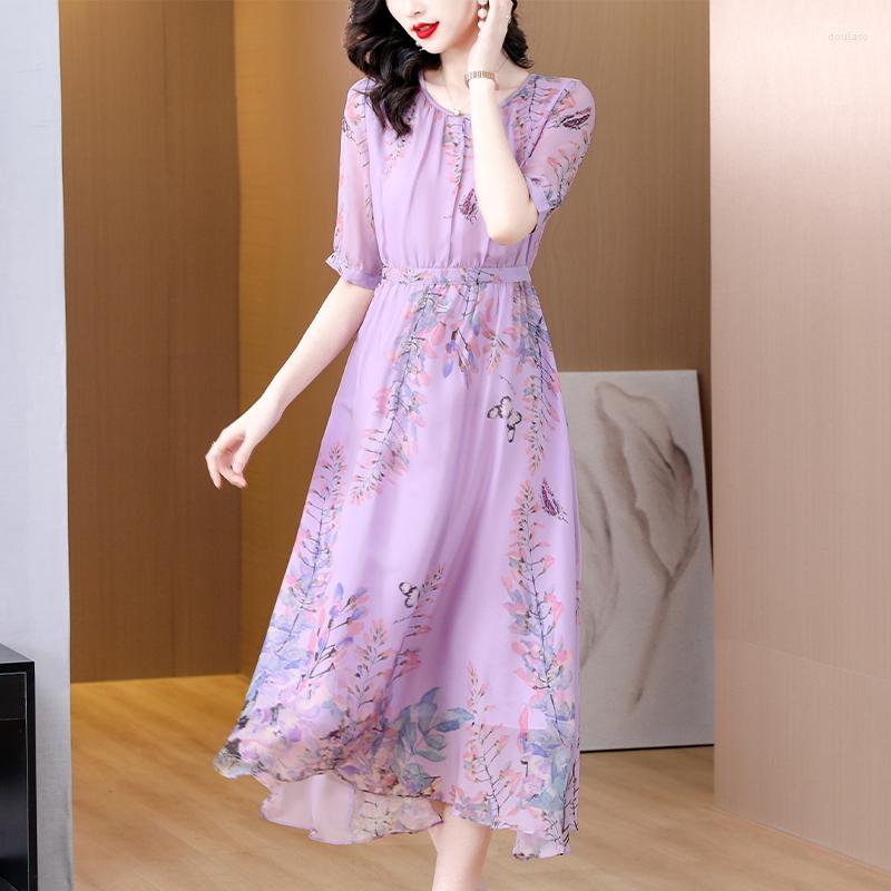 

Casual Dresses Female Purple Print Natural Silk Midi Dress Spring Summer Korean Vintage 2023 Elegant Loose Waist Vestido