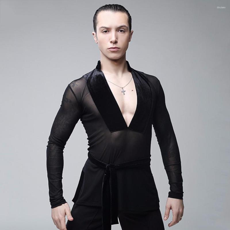 

Stage Wear Male Latin Dance Shirts Deep V-Neck Collar Ballroom Black Tops Sexy Men Latino Gauze Clothing For Clothes 5011