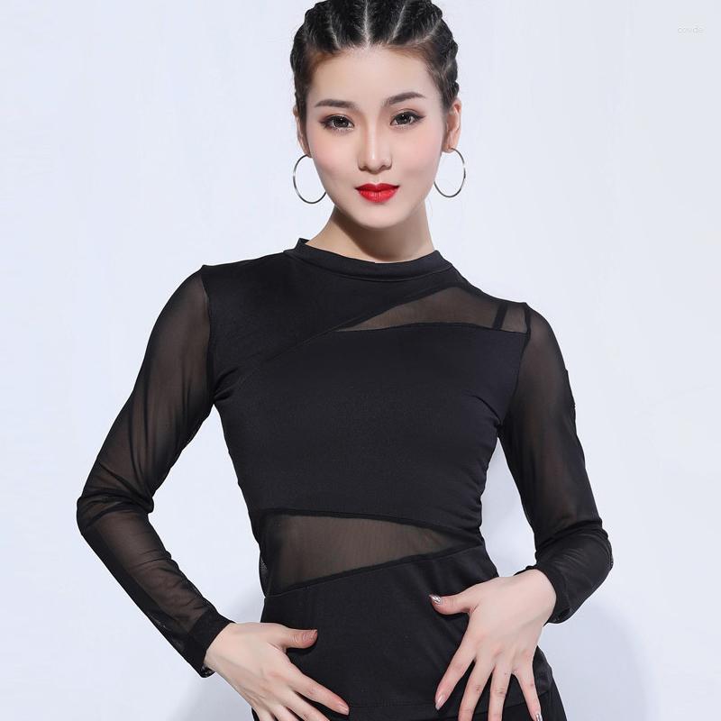 

Stage Wear Latin Dance Tops Women Sexy Mesh Long Sleeve Practice Shirt Lady Standard Ballroom Rumba Samba Dancing Clothing DL5499, Black short sleeve