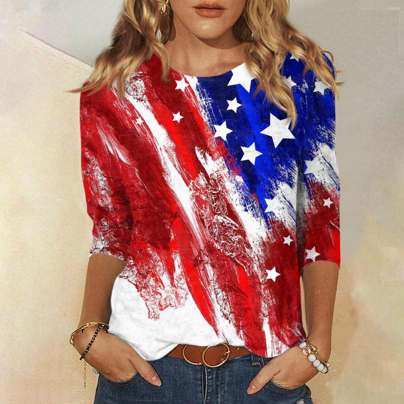 

Women' Blouses Women Summer Tops Blouse Round Neck Three Quarter Sleeve Comfortable Independence Day Print Casual O Shirt, Blue
