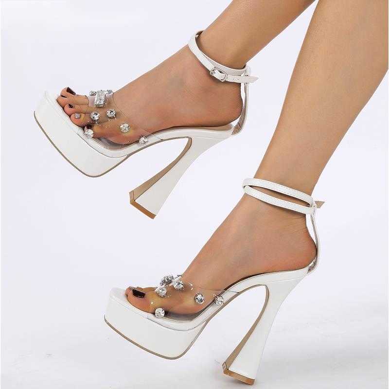 

Sandals Chunky Platform Ankle Buckle Strap Woman 2023 Sexy Crystal Transparent Catwalk Banquet High Heels Shoes 230511, Beige