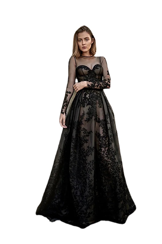 

Vintage Black Gothic Wedding Dresses Long Sleeves Lace Sheer Illusion Sleeves A-line Non White Vintage Bridal Gowns With Color, Same as image