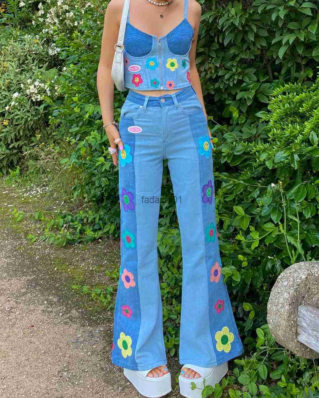 

Women Wide Leg Flare Jeans High Waist Floral Embroidery Color Block Loose Denim Pants Soft Fabric Blue Summer Fall Spring S M  L230621