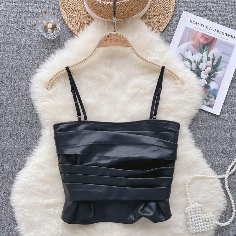 

Women' Tanks Spaghetti Strap PU Camis For Women Summer Leather Pleated Solid Colours Femme Corset Crop Tank Tops Chic Skinny Camisoles, Black