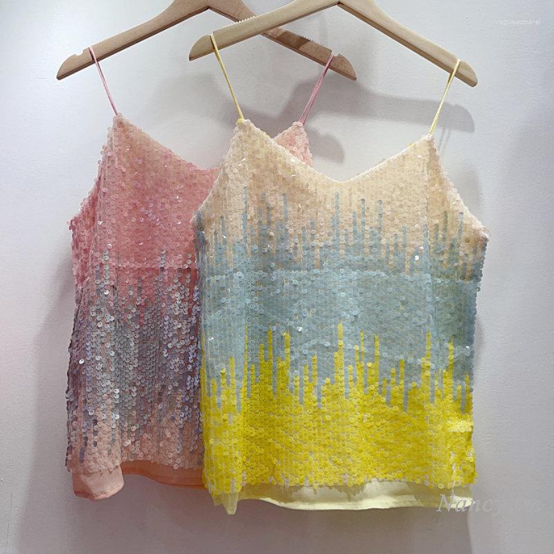 

Women's Tanks Gradient Pink Sequin Sling Top Women's Outer Wear Shiny Beauty Camisole Inner Vacation Seaside Outwears 2023 Summer