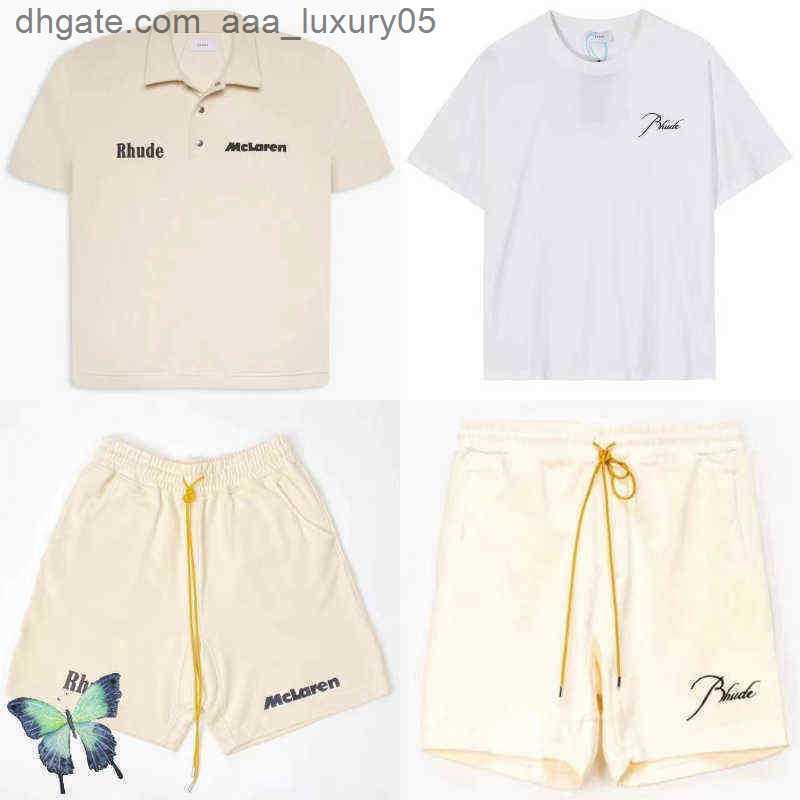 

Brand Designer t Shirt 2023 Arrival Khaki White Embroidery Men Rhude T-shirt Set Shorts Suit, K787hei
