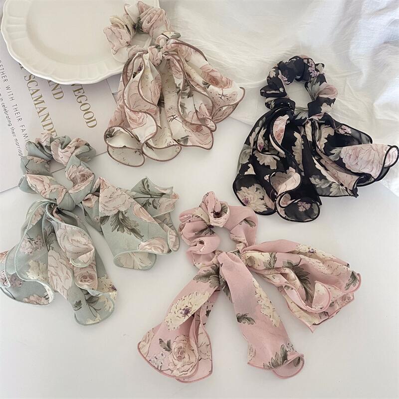 

Fashion blogger designer jewelr New Big Flower Bow Knot with Locking Edge, Large Intestine Hair Ring, Fabric Fragmented Flowers Pony Tails Holder wholesale FQ109