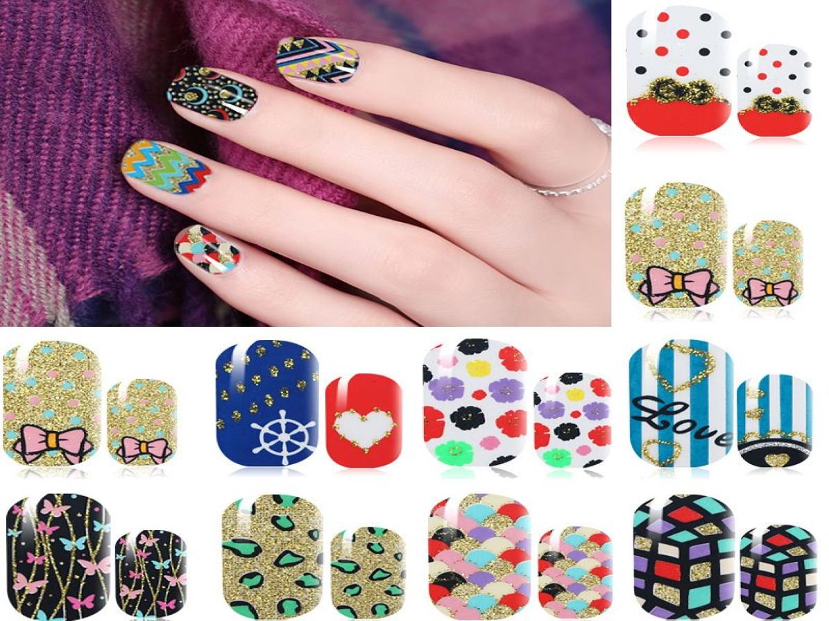 

New Arrival Color Glitter Nail Sticker Third Season Manicure Full Stick 16 Styles 12 Pieces Qj211226 3383197, Light yellow