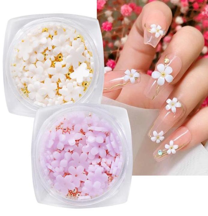 

1 Box Five Flower Petals Nail Stickers Color Changed Nails Decoration 3D White Floral Mixed Beads Gem ball Charms Accessories7091428, Light yellow