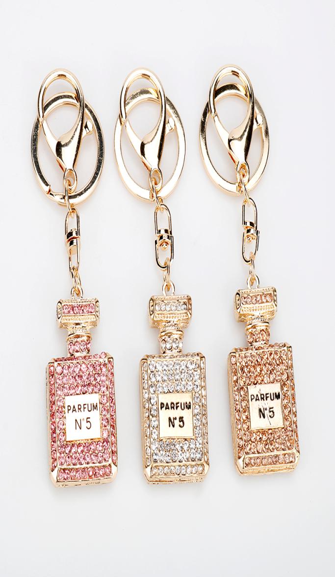 

Fashion Perfume Bottle Keychain Jewelry 3 Colors Rhinestone Crystal Twinkling Keyring Girls Souvenirs Handbag Charm Pendant Gift8014146