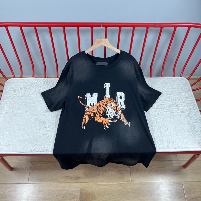 

23ss USA Men Cotton Cracked Print Tee Summer Streetwear T shirt Vintage Tiger Trends Washed Fashion Short Sleeve Tshirt, Washed black